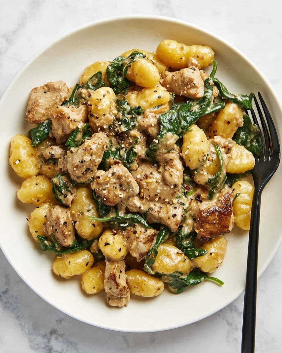 A white plate filled with small yellow gnocchi pieces mixed with browned chicken chunks and wilted dark green spinach leaves, all coated in a creamy light brown sauce with visible specks of black pepper and seasoning; a black fork rests on the right edge of the plate, and the background is a white marbled texture. photo taken with an iphone --ar 4:5 --v 7