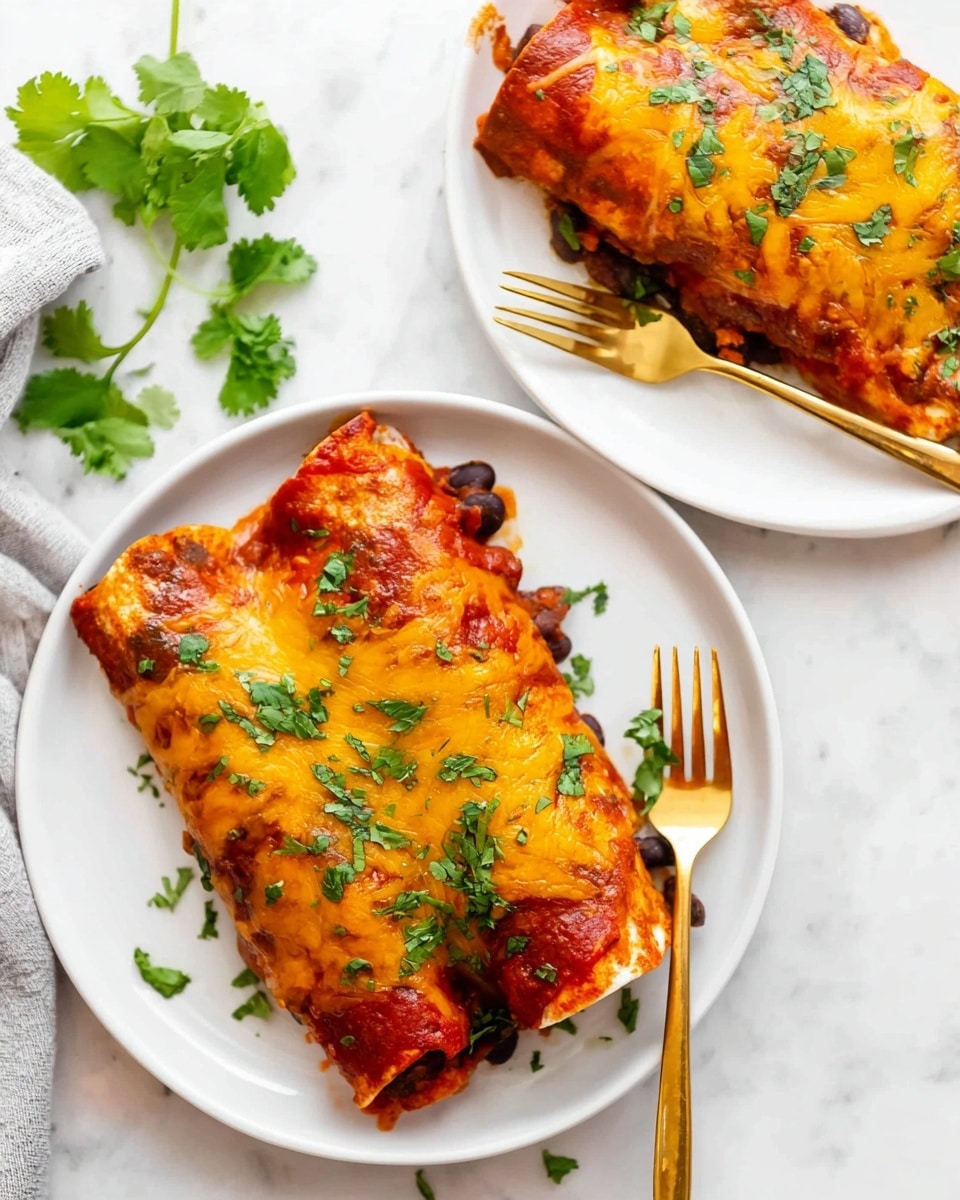 Two enchiladas are placed on white plates set on a white marbled surface. Each enchilada is covered with a layer of melted orange-yellow cheese on top and bright red enchilada sauce that coats the tortilla, creating a rich and smooth texture. Inside the tortillas, a filling of black beans and possibly sweet potatoes is visible, adding a dark contrast to the dish. The enchiladas are garnished with fresh chopped green cilantro scattered both on the enchiladas and the plates. Gold forks are placed beside the enchiladas, adding a touch of elegance. The overall look is bright, colorful, and inviting, with fresh herbs adding green accents. photo taken with an iphone --ar 4:5 --v 7