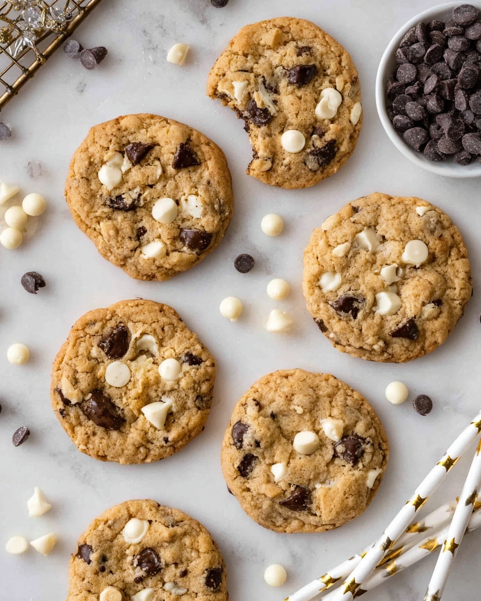 Seven round cookies with a rough, crumbly texture lie scattered on a white marbled surface. Each cookie is golden brown in color with dark brown chocolate chips and white chocolate chips baked into them. One cookie near the center has a bite missing, showing the soft inside with more chips inside. Small loose chocolate chips and white chocolate chips are spread around the cookies. A white bowl filled with dark chocolate chips is partly visible on the right side, and near it are white paper straws with gold polka dot and star designs. A metal cooling rack is partly seen in the top left corner. photo taken with an iphone --ar 4:5 --v 7