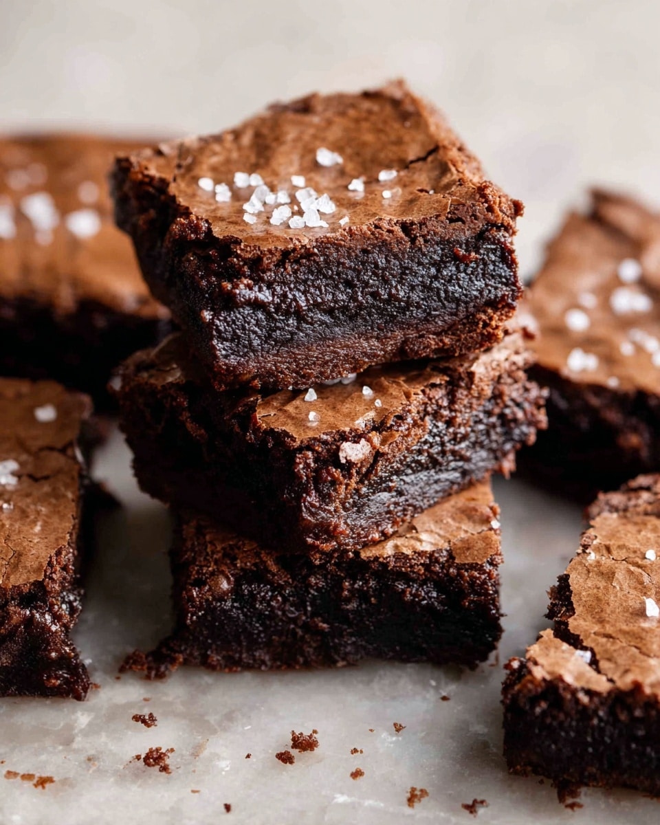 The image shows several pieces of rich brown brownies arranged on a white marbled surface. Each brownie piece has two visible layers: a thin, cracked, and glossy top layer with small white salt flakes scattered on it, and a thick, dense, and slightly moist inner layer that looks soft and chewy. One brownie piece is stacked with its split half resting on top, clearly showing the texture difference between the top crust and the moist inside. The brownies have rough edges and a crumbly texture on the sides. Photo taken with an iphone --ar 4:5 --v 7