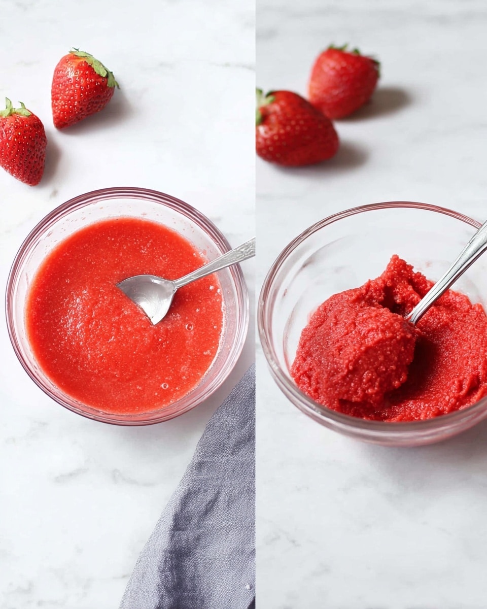 Two images show a clear glass bowl on a white marbled surface next to two fresh strawberries and a grey cloth. The left image has a single smooth layer of bright red puree inside the bowl with a stainless steel spoon resting in it. The puree looks wet and lightly textured with small air bubbles. The right image features the same bowl now holding a thick scoop of dense, bright red strawberry paste on a metal spoon, showing a thick and slightly rough texture. photo taken with an iphone --ar 4:5 --v 7