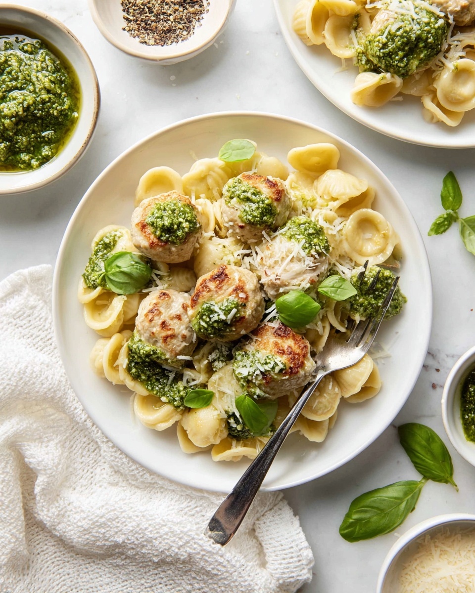 A white plate is filled with one layer of small, round orecchiette pasta, pale yellow in color with a smooth texture. On top, there are six round chicken meatballs, light beige with some browned spots, giving a slightly crispy look. Green pesto sauce is dripped over the pasta and meatballs in uneven dollops, with a coarse texture visible. Fresh small green basil leaves are scattered on top, adding a bright green touch. Grated white cheese is lightly sprinkled over the meatballs and pasta. A silver fork rests on the right side of the plate. The plate is set on a white marbled surface with a textured white cloth nearby, and other plates and small bowls with green pesto, grated cheese, and black pepper are partially visible around. photo taken with an iphone --ar 4:5 --v 7