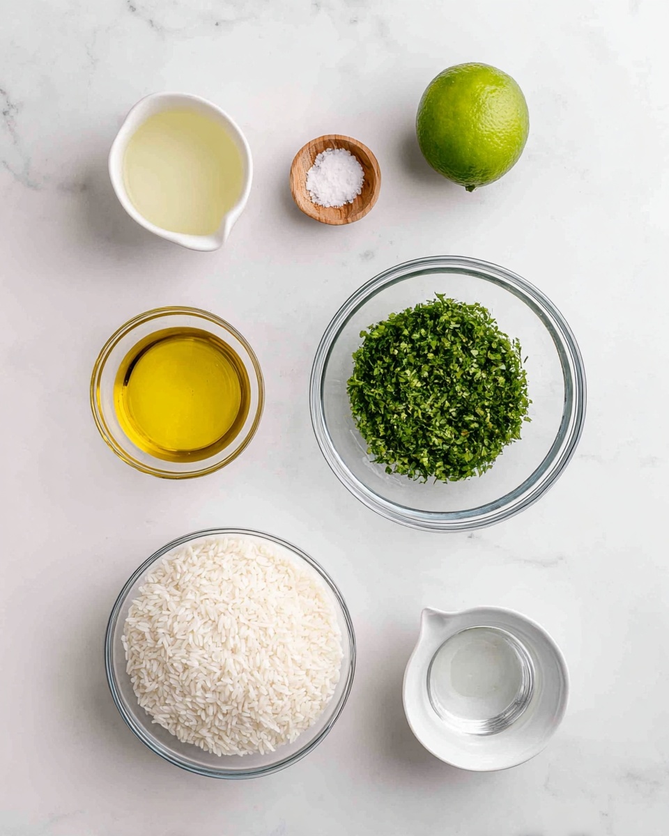 The image shows seven small containers with ingredients arranged on a white marbled surface. In the bottom left, there is a clear glass bowl filled with white uncooked rice. Above it to the right is a clear glass bowl full of chopped green herbs. Above that, there is a whole green lime. To the left of the lime, a small white cup holds a light yellow liquid. To the far left of the lime, a clear glass bowl contains golden yellow oil. Below the oil, a small wooden bowl holds white salt. To the right of the rice bowl, a small white measuring cup contains clear water. The arrangement is neat and the colors are natural and fresh. Photo taken with an iphone --ar 4:5 --v 7