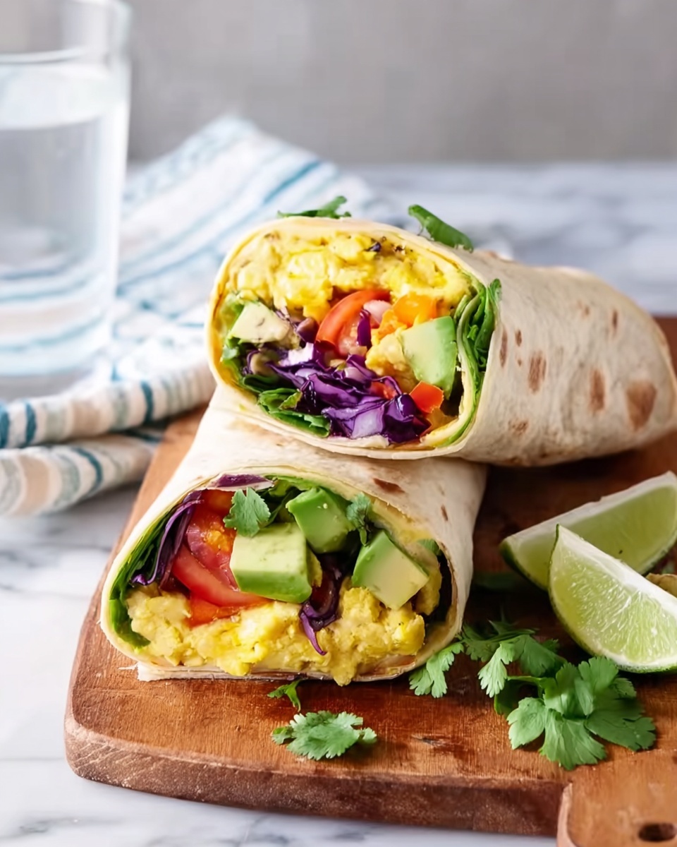 The image shows two breakfast burritos wrapped in a light-colored tortilla, each cut in half and stacked on a wooden board with a white marbled surface underneath. Inside the burritos, there are several visible layers: bright yellow scrambled eggs, green lettuce leaves, slices of avocado, purple cabbage, pieces of red tomato, and fresh green cilantro leaves on top. Next to the burritos, there are two lime wedges. The background is soft with a white and blue striped cloth and a clear glass of water, with a woman's hand holding the back part of the top burrito. The whole scene looks fresh and colorful. photo taken with an iphone --ar 4:5 --v 7
