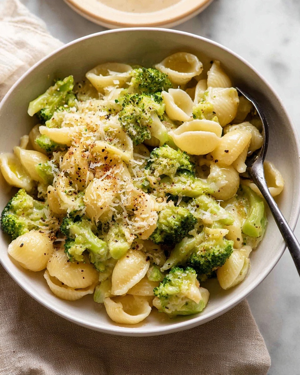 A white bowl filled with small shell pasta mixed with bright green broccoli florets. The pasta and broccoli are coated in a creamy, light yellow sauce. On top, there is a sprinkle of finely grated cheese and black pepper. A spoon rests inside the bowl, slightly lifting some of the pasta and broccoli. The bowl sits on a white marbled surface with a soft beige cloth nearby. In the background, part of a beige plate is just visible. photo taken with an iphone --ar 4:5 --v 7