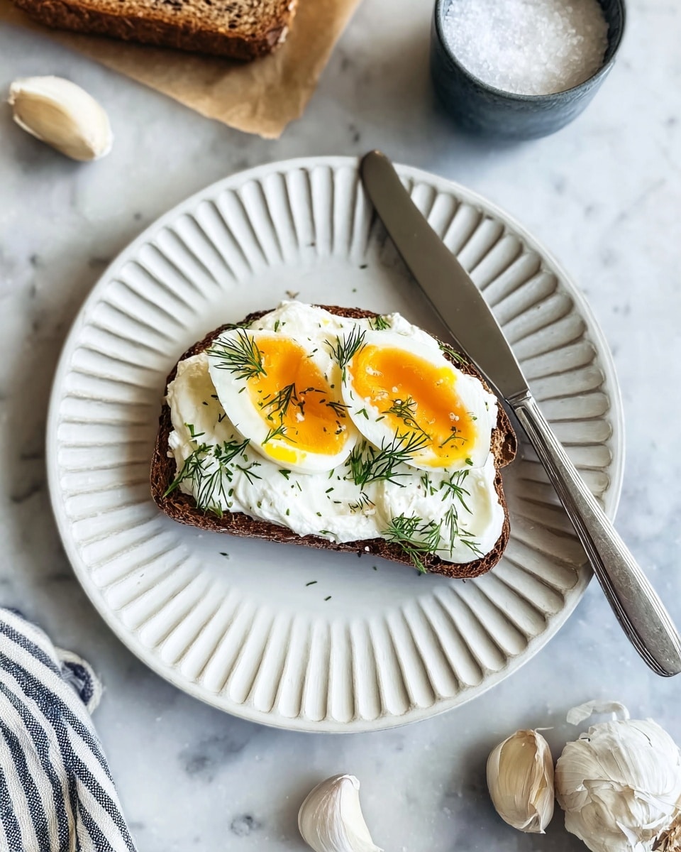 A single slice of dark toasted bread lies on a white plate with ridged edges, topped with a thick layer of creamy white spread shaped in soft waves. On top of the spread are two halves of a boiled egg, showing their bright orange yolks and white edges. Small green chives and sprigs of fresh dill are sprinkled over the eggs and cream, adding a touch of green. A silver knife rests diagonally on the edge of the plate. The plate sits on a white marbled surface, with a piece of brown bread, a cup filled with white salt, a few cloves of garlic, and a folded striped cloth nearby. Photo taken with an iphone --ar 4:5 --v 7