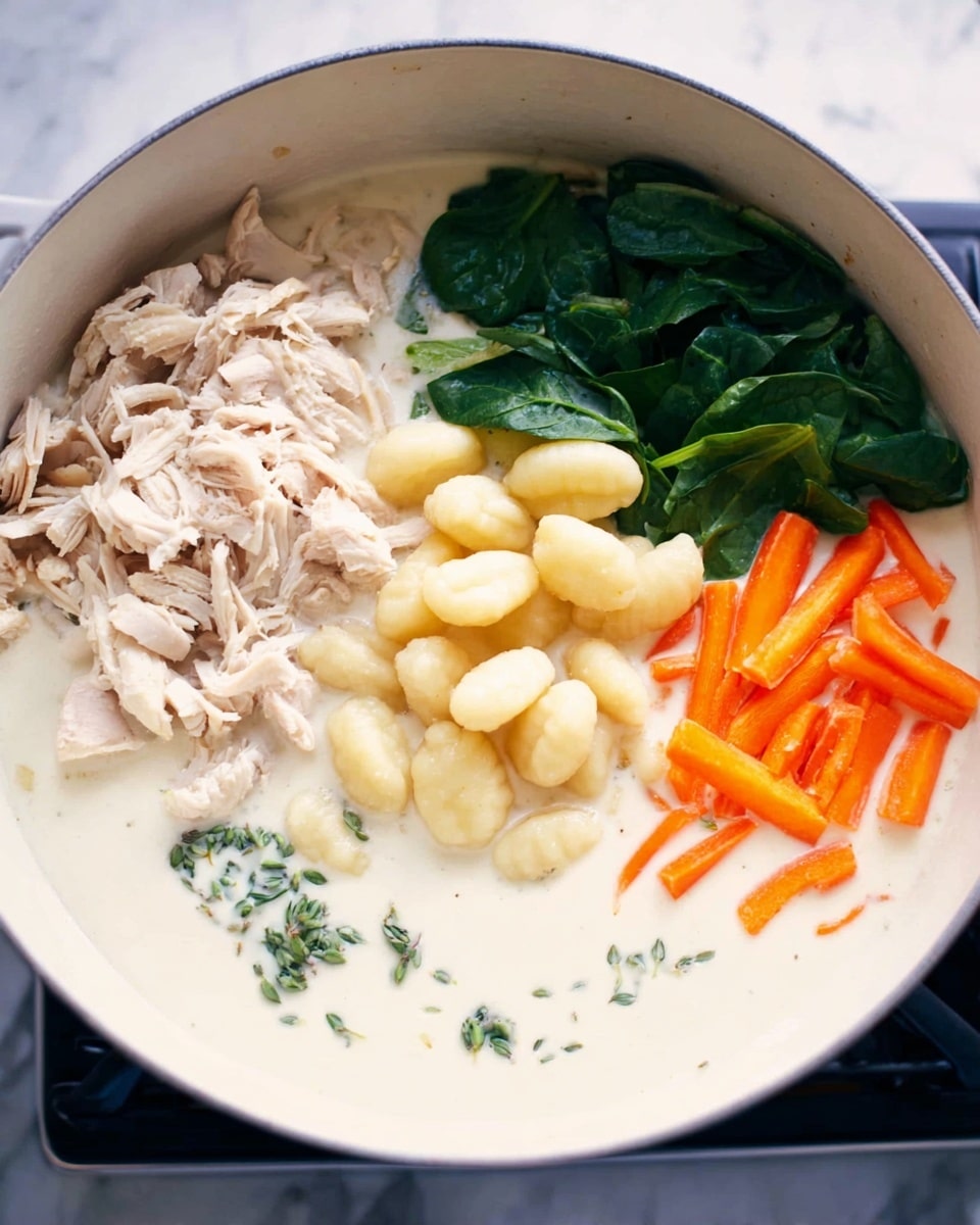 A large white pot contains several layers of ingredients in a creamy white liquid. On the left side, there is a pile of shredded light beige cooked chicken. Next to it are pale yellow gnocchi pieces placed toward the center. Behind the gnocchi is a small bunch of fresh dark green spinach leaves. On the right side, there are thin sticks of bright orange carrots. The base is a smooth white liquid with some small green herb leaves scattered near the bottom left. The pot sits on a stove top, with a white marbled surface beneath. photo taken with an iphone --ar 4:5 --v 7