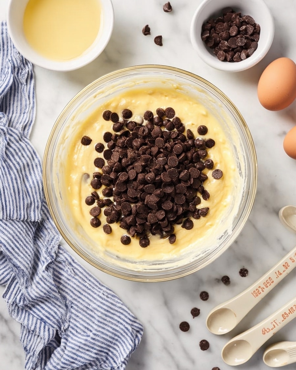 A clear glass bowl sits on a white marbled surface, filled with a thick, light yellow batter that looks smooth and creamy. On top of this batter is a large pile of dark brown chocolate chips, creating one main layer with visible round shapes and a slightly shiny texture. Around the bowl, there are scattered loose chocolate chips and small white bowls, one filled with a pale yellow liquid. A blue and white striped cloth is casually draped on the left side. Also visible are three light brown eggs positioned near a stack of three white measuring spoons with beige writing, arranged on the white marbled surface. Photo taken with an iphone --ar 4:5 --v 7