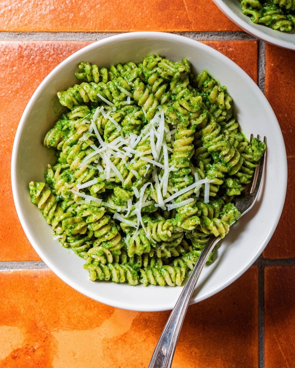 A white bowl filled with three layers of green spiral pasta coated evenly with a thick, vibrant green sauce, topped lightly with thin white cheese shreds scattered around the top layer. A silver fork rests on the right side of the bowl, partially in the pasta. The bowl sits on a white marbled surface with a textured orange tile pattern beneath it. Photo taken with an iphone --ar 4:5 --v 7