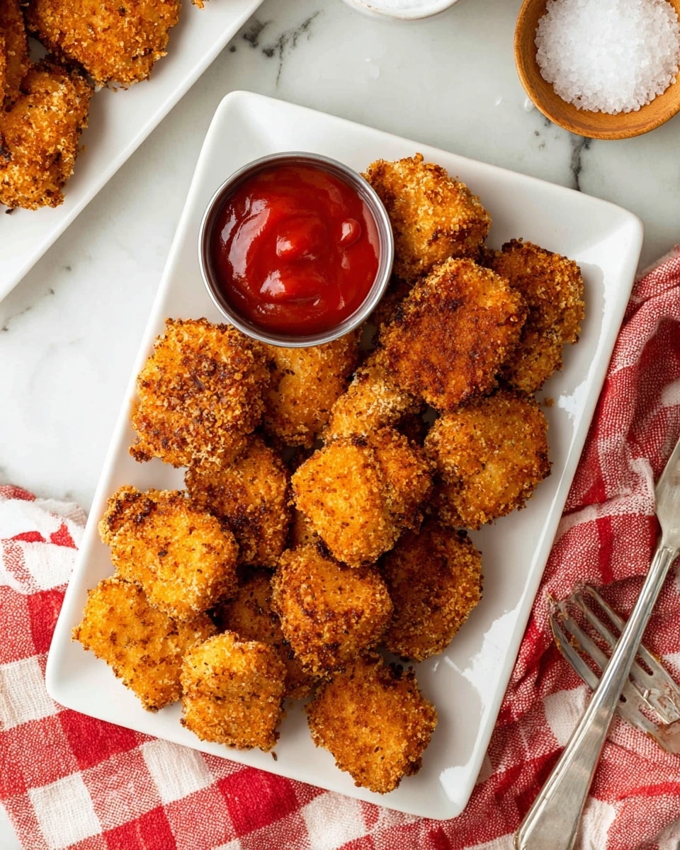A white rectangular plate filled with golden brown, crispy fried pieces arranged closely side by side, each piece showing a rough, crunchy texture with a mix of dark and light brown tones. On the top left corner of the plate, there is a small round silver cup filled with bright red ketchup, smooth in texture and slightly shiny. The plate is placed on a white marbled surface, next to a wooden bowl filled with white granulated salt. A red and white checkered cloth is draped partially under the plate, and a silver fork rests on the cloth at the bottom right corner. In the top left corner of the image, part of another white rectangular plate with more fried pieces and a small ketchup cup is visible. Photo taken with an iphone --ar 4:5 --v 7