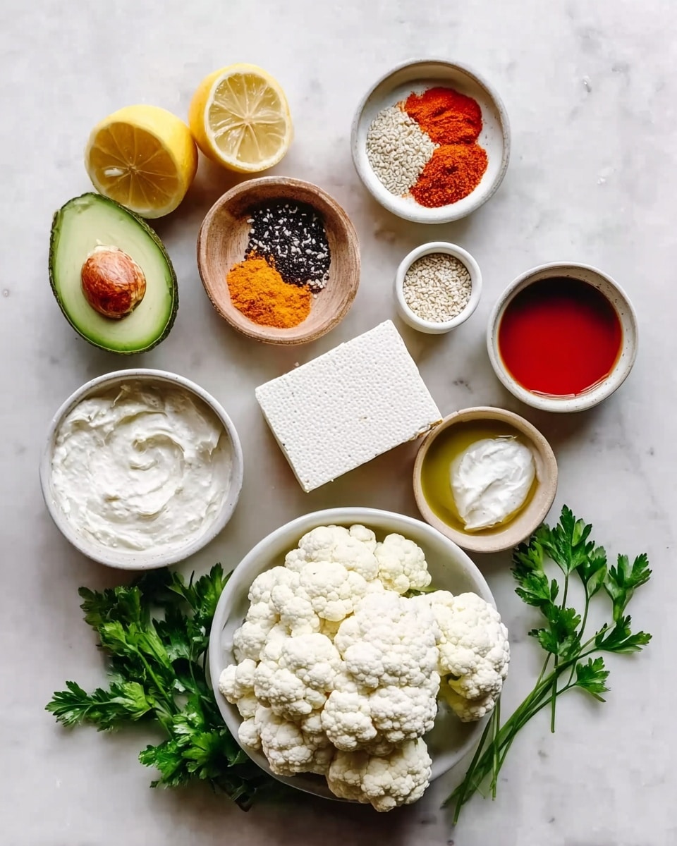 The image shows various ingredients arranged on a white marbled surface. There is one whole avocado, two lemon halves, and fresh green parsley leaves to the side. Several small white bowls hold different items: one bowl has a group of spices including orange, red, and black powders, another bowl has white sesame seeds, a third bowl contains a white creamy substance, and a fourth has a red liquid likely sauce or oil. A larger white bowl in the center is filled with white cauliflower florets, and in the lower part of the image, a square block of white tofu sits in a white bowl. The colors are natural and fresh with a clear view of each texture and detail, photo taken with an iphone --ar 4:5 --v 7