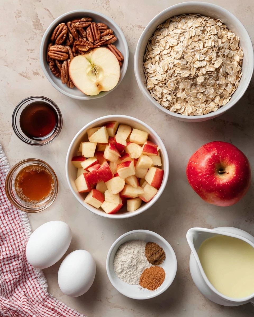 The image shows raw ingredients for baking, all placed on a white marbled surface. There is a large white bowl filled with dry rolled oats on the upper right side. Below it, a medium white bowl contains small, evenly diced apple pieces with red skin. To the upper left of the diced apples, a small white bowl holds pecan halves. Above the pecans, half a sliced apple is visible, showing its white inside and seeds. To the left of the apple slices, a small clear glass bowl contains a dark syrup or liquid. On the bottom left, two white eggs lie side by side next to a small round white bowl filled with dark amber syrup, possibly maple syrup. Nearby, a small round white dish has a mix of brown and light brown powders, likely spices. On the lower right, there is a small white round bowl with white powder, probably baking soda. A whole red apple with a bright skin is placed on the right side near the center. There is also a white pitcher with a yellowish liquid, possibly milk, near the right edge. A light-colored cloth with red checkered stripes is partly visible on the bottom left corner. The photo is taken with an iphone --ar 4:5 --v 7