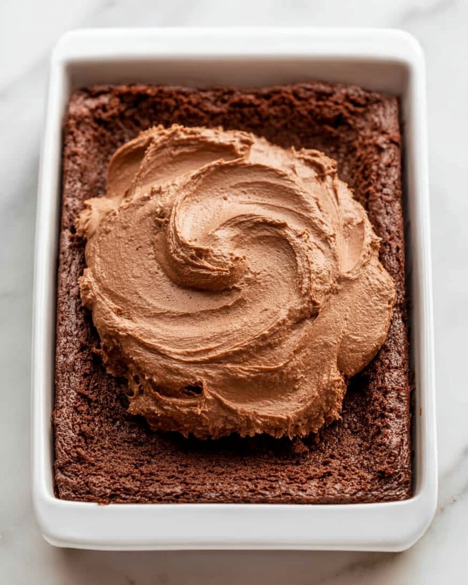 The image shows a rectangular chocolate dessert in a white dish with two layers visible; the bottom layer is a dense, moist textured chocolate cake with a slightly shiny surface, and on top, there is a thick dollop of lighter brown, creamy chocolate frosting that has been spread in a circular motion with visible swirls and peaks. The dish is placed on a white marbled surface. photo taken with an iphone --ar 4:5 --v 7
