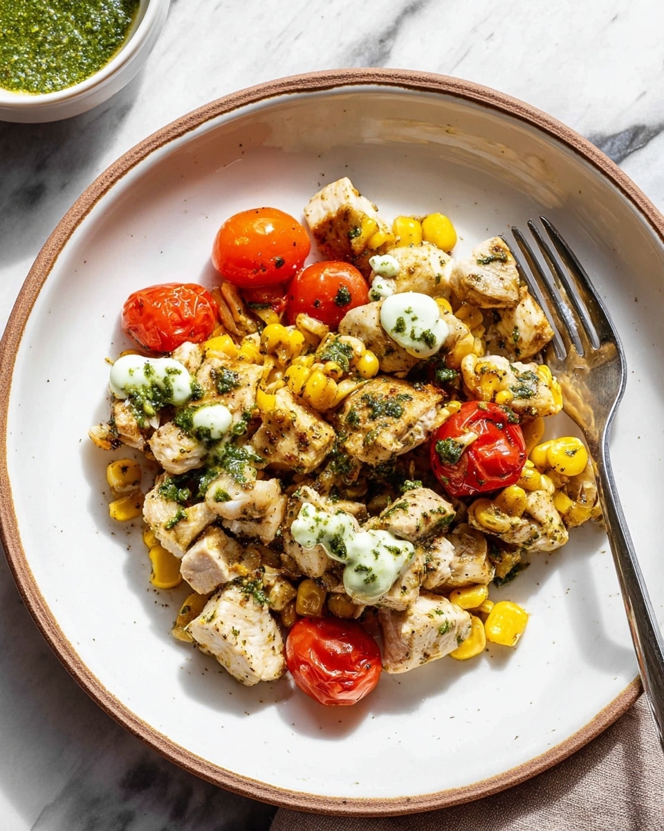 The dish shows a white plate with a brown rim filled with a colorful mix of food. There are around three layers visible: the bottom layer has soft yellow corn kernels, the middle layer has small pieces of light brown cooked chicken seasoned with green herbs, and the top layer includes bright red shiny cherry tomatoes and bits of white melted cheese with green sauce dollops. A silver fork rests inside the plate near the food. The background has a white marbled surface and a bowl of green sauce is partially visible on the top left side. photo taken with an iphone --ar 4:5 --v 7