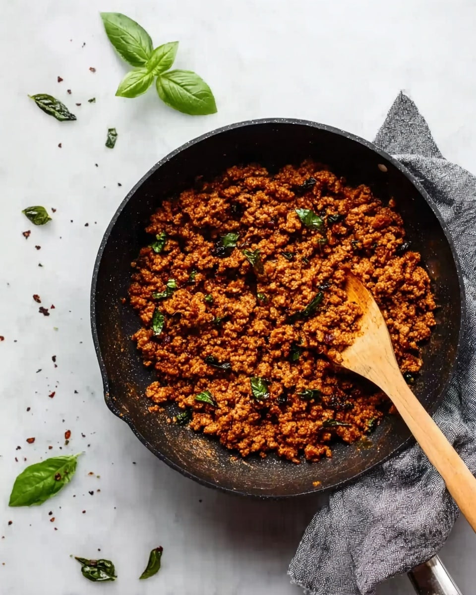 A black round pan filled with cooked minced meat mixed with spices and small green herbs spread evenly inside. A wooden spoon rests inside the pan on the right side, partially covered with the minced meat. Near the pan’s handle, a folded gray cloth lies on the white marbled surface. A few fresh basil leaves and scattered small green herbs are placed above and around the pan on the white marbled background. photo taken with an iphone --ar 4:5 --v 7