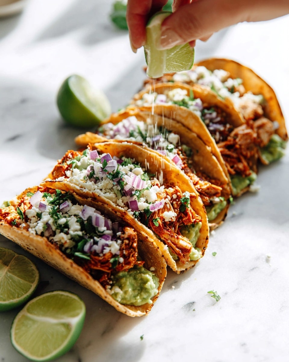 Four tacos sit in a row on a white marbled surface, each taco shell slightly browned and shaped to hold the fillings. Each taco has a base layer of green guacamole spread inside the shell, followed by a layer of reddish-brown shredded spicy chicken. On top of the chicken is sprinkled white crumbly cheese and finely chopped purple onions, along with some green chopped herbs scattered throughout. A woman's hand is squeezing a lime wedge above the first taco, with drops of lime juice falling onto the taco fillings. Two lime wedges lay beside the first taco. The scene is bright with natural light highlighting the fresh colors. Photo taken with an iphone --ar 4:5 --v 7