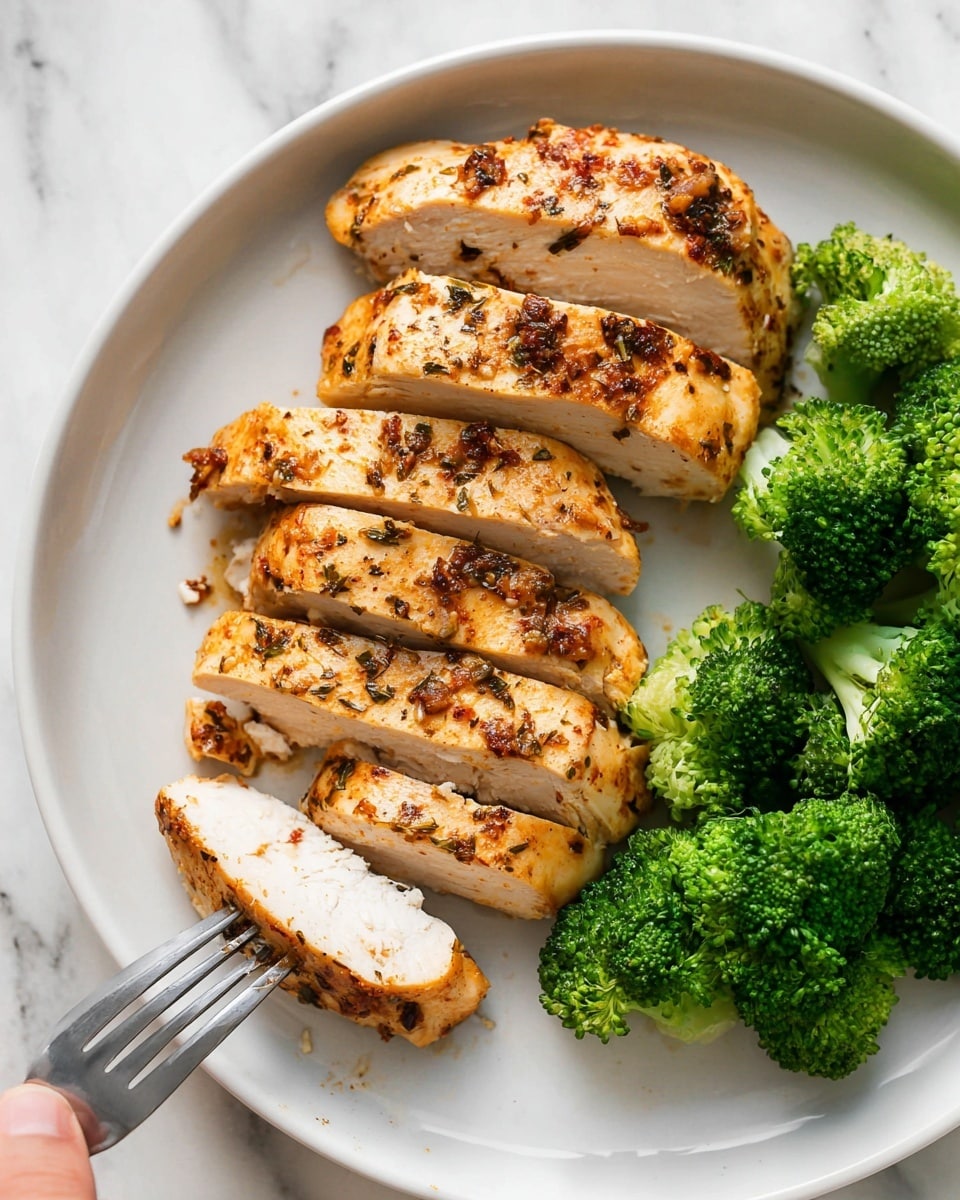 A white plate with seven pieces of cooked chicken arranged in a fan shape, showing a lightly browned and seasoned outer layer with bits of herbs and spices, and tender white inside. On the right side of the plate, bright green broccoli florets cluster together, providing a fresh contrast to the chicken. A woman's hand with a fork is holding a piece of chicken near the bottom left of the plate, showing the texture clearly. The plate sits on a white marbled surface. Photo taken with an iphone --ar 4:5 --v 7