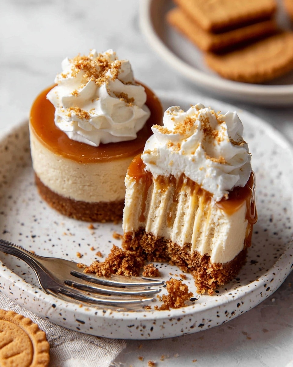 The image shows two small round cheesecakes on a white speckled plate with a fork. Each cheesecake has three distinct layers: a thick brown crumbly base at the bottom, a creamy light beige middle cheesecake layer, and a glossy caramel or butterscotch layer on top. One cheesecake is cut in half, revealing the smooth texture and thickness of each layer. Both cheesecakes are topped with a swirl of white whipped cream sprinkled with small crumbs. Around the plate, there are scattered crumbs and a Biscoff cookie piece partially visible in the background on a white marbled surface. photo taken with an iphone --ar 4:5 --v 7