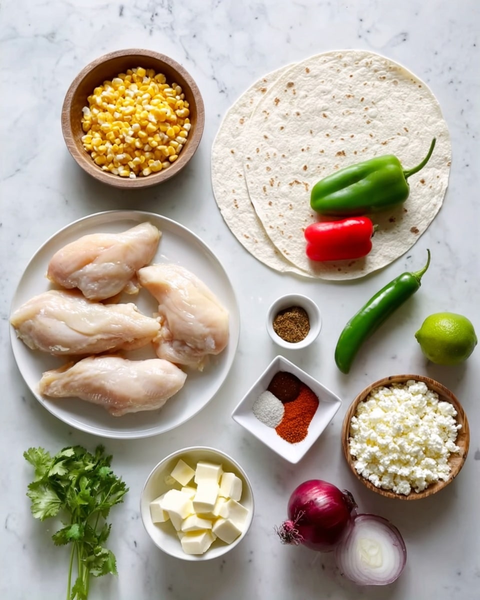The image shows a white plate on a white marbled surface holding four pieces of cooked chicken that are light beige and smooth. Next to the plate, there is a soft white tortilla spread flat with a bright red and green bell pepper placed in the middle. Small white bowls surround the main items, each containing different ingredients: one holds light yellow corn kernels, another white rice grains, another cream cheese, and another has a pale yellow liquid. A wooden bowl holds sliced white cheese with a slightly crumbly texture. There is a small square white bowl with three different colored spices (red, orange, and brown) and a few sprigs of fresh green cilantro next to it. A green chili pepper and half a red onion with its rings visible lie near a small yellow lime. The entire setup looks clean and fresh, arranged on a white marbled countertop with bright, natural light. Photo taken with an iphone --ar 4:5 --v 7