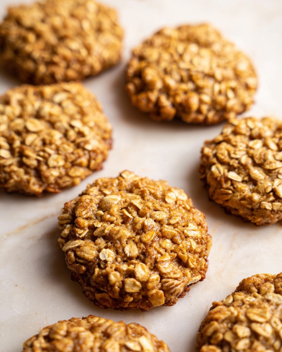 The image shows a close-up of several homemade oatmeal cookies placed on a white marbled surface. Each cookie is round with a rough texture made from visible oat flakes that are light brown to golden in color, indicating a baked, slightly crispy look. The cookies have a natural, uneven shape with oats overlapping and sticking out slightly. The lighting highlights the cookies’ texture, making the oat flakes appear distinct and a little shiny, suggesting a sticky or slightly wet binding agent holding them together. Photo taken with an iphone --ar 4:5 --v 7