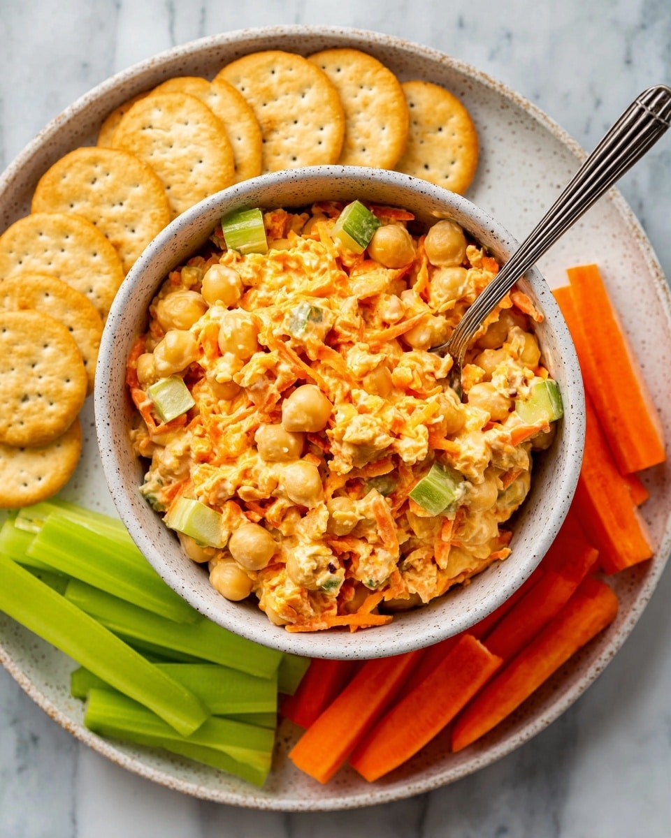 A white speckled bowl filled with a thick chickpea salad that has small pieces of green pickle, red onion, and orange shredded carrots, all mixed in a creamy orange sauce; a silver spoon is resting inside the bowl on the right. The bowl sits on a white speckled plate. Around the bowl, arranged neatly, are 6 golden round crackers on the top left, bright orange carrot sticks in the top right, and fresh green celery sticks at the bottom left and center. The whole setup is on a white marbled surface. photo taken with an iphone --ar 4:5 --v 7