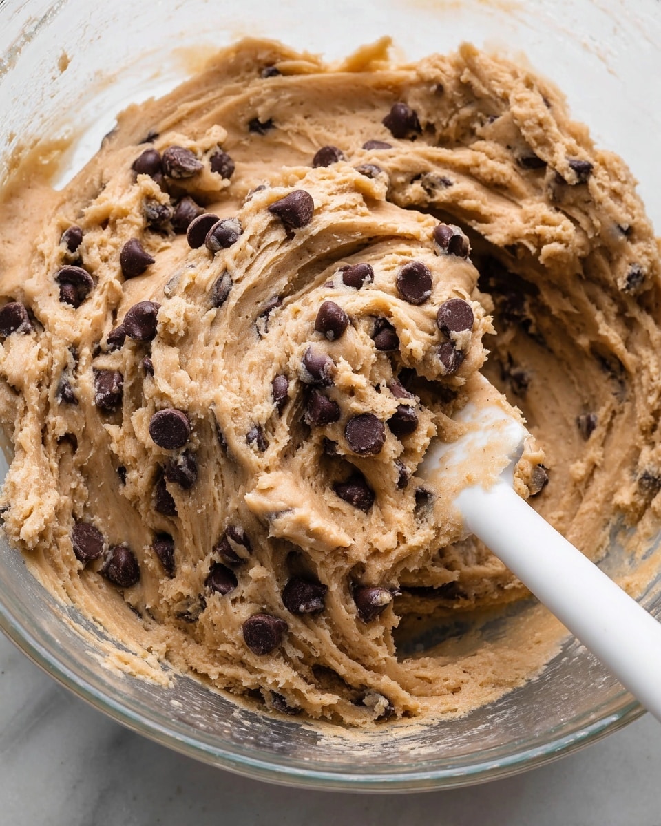 Close-up of thick, creamy chocolate chip cookie dough in a clear glass bowl. The dough is light brown with darker tiny specks and is mixed well with many dark brown chocolate chips scattered evenly on the surface. A white spatula is partially covered by the dough, resting inside the bowl, with a white marbled surface beneath. The dough looks soft and rich with swirls and folds showing its thick texture. Photo taken with an iphone --ar 4:5 --v 7
