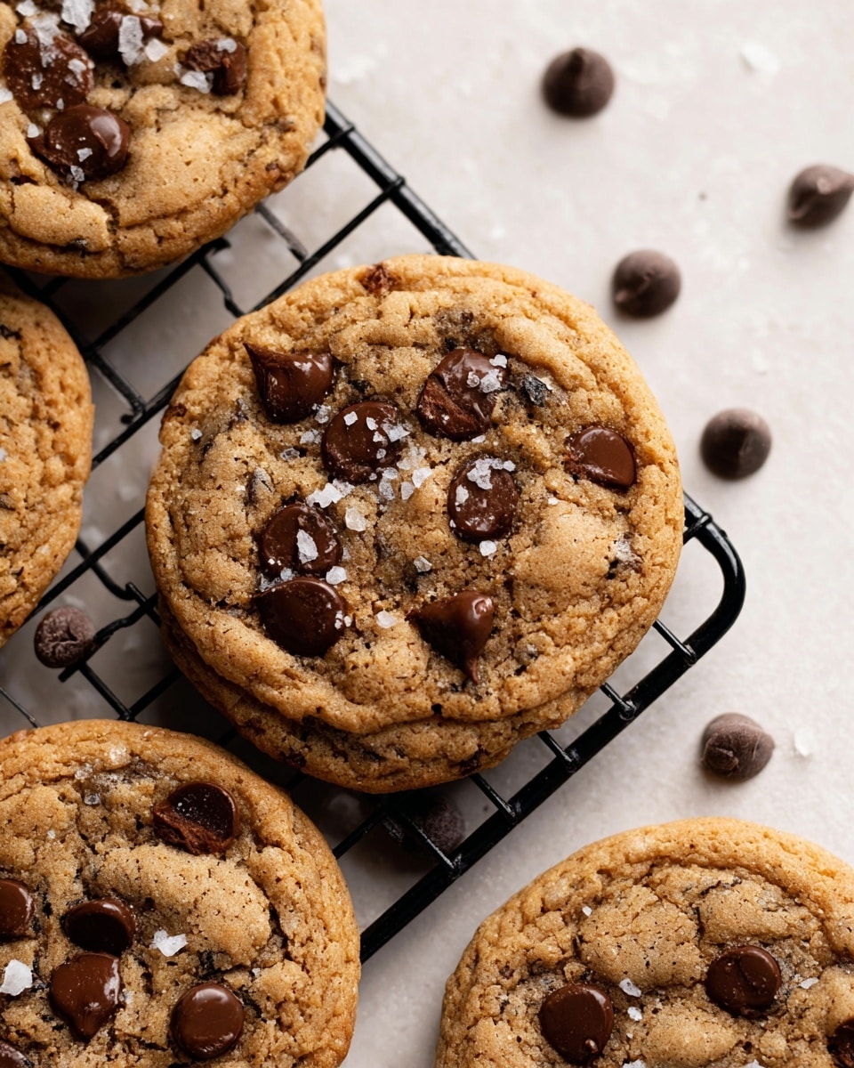 A close-up of round chocolate chip cookies with a light brown textured surface, scattered near and on a black cooling rack. The cookies are dotted with dark, shiny chocolate chips and small flakes of sea salt sitting gently on top. Extra chocolate chips are placed around the cookies on a white marbled texture background. The cookies have a soft, slightly crinkled look with gooey spots where the chocolate chips melt into the dough. photo taken with an iphone --ar 4:5 --v 7