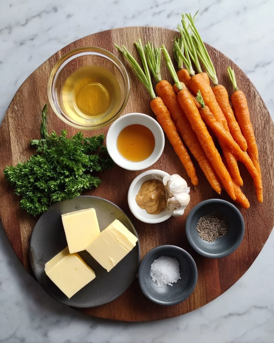 The image shows a round wooden board on a white marbled surface, holding several cooking ingredients. On the right side, there is a bunch of small orange carrots with green tops. Near the bottom left, a few sprigs of fresh green parsley are placed. Above the parsley, there is a small clear glass bowl with a light yellow liquid. To the left side of the carrots, there is a small white dish filled with golden brown honey and another small clear bowl containing a light tan brown paste. Above the honey, there is a white garlic clove. Below the garlic, a small gray bowl holds black pepper and salt. To the left of the gray bowl, a small black bowl contains two thick slices of pale yellow butter. The arrangement shows the ingredients clearly and neatly. Photo taken with an iphone --ar 4:5 --v 7