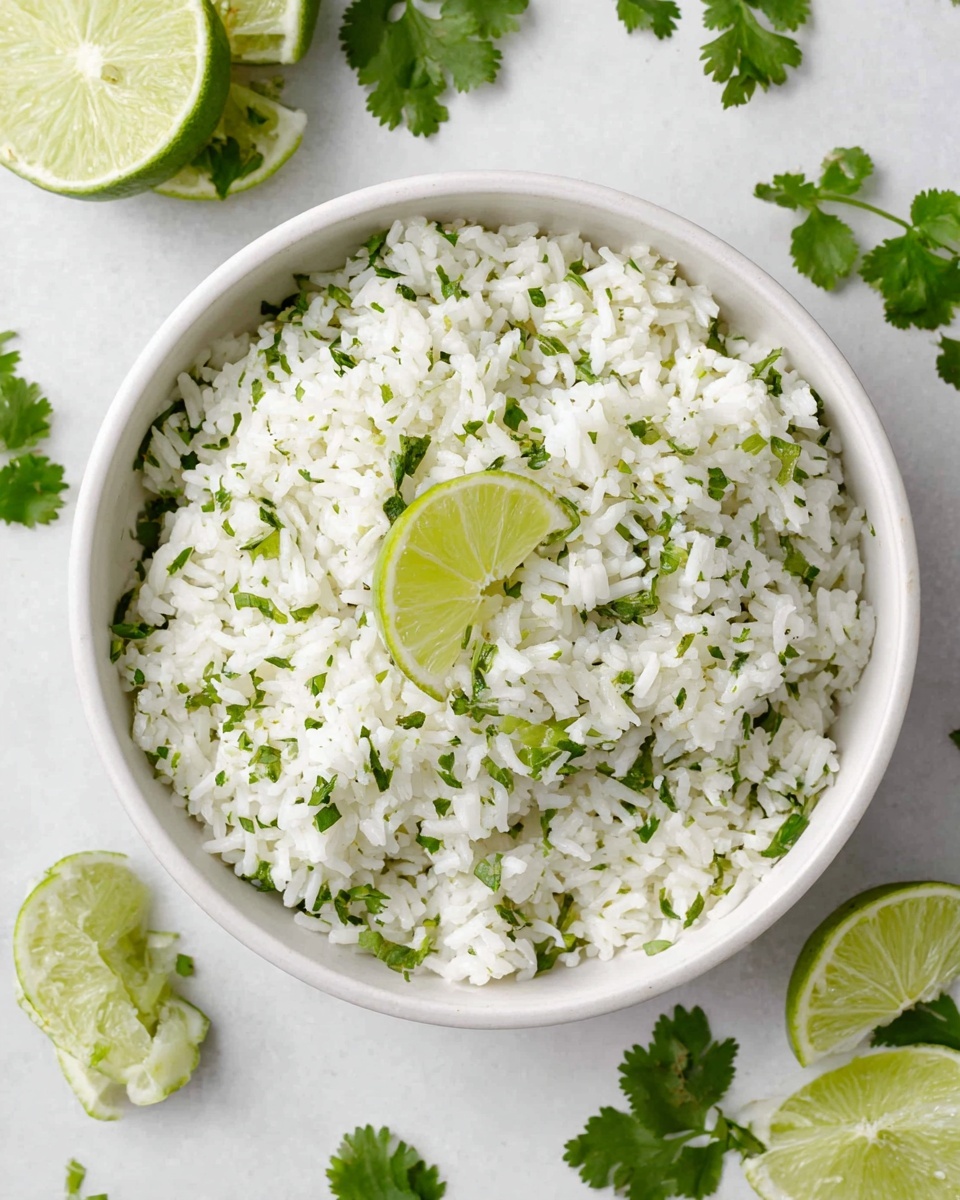 A white bowl filled with a mixture of fluffy white rice and bright green chopped herbs, mostly cilantro, spread evenly throughout. On top of the rice, there is a single lime wedge placed in the center, adding a pop of light green color. The bowl sits on a white marbled surface scattered with fresh green cilantro leaves and several lime wedges, some whole and some cut. The texture of the rice looks soft and slightly separated, with small bits of green herbs adding contrast. Photo taken with an iphone --ar 4:5 --v 7