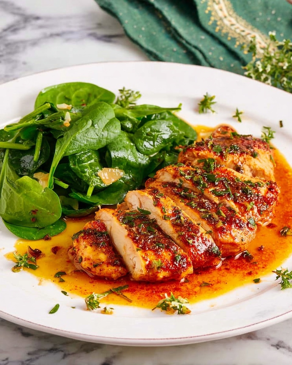 A white plate holds a sliced cooked chicken layer on the right side, with a golden brown, slightly charred texture and visible herbs sprinkled on top. The chicken rests in a shallow pool of reddish-orange sauce with herbs scattered throughout. On the left side of the plate, there is a fresh green spinach layer with leaves clustered together, some showing water droplets and a slight shine. Small bits of herbs are scattered around the plate edges. The plate is set on a white marbled surface with a green and white cloth partially visible in the background. photo taken with an iphone --ar 4:5 --v 7