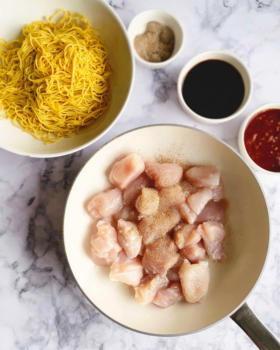 A top view of a white pan on a white marbled surface with several pieces of raw, pale pink chicken scattered inside, sprinkled with light brown powder seasoning; next to the pan is a white bowl filled with yellow cooked noodles, and two small white bowls containing dark and red sauces are placed nearby. photo taken with an iphone --ar 4:5 --v 7