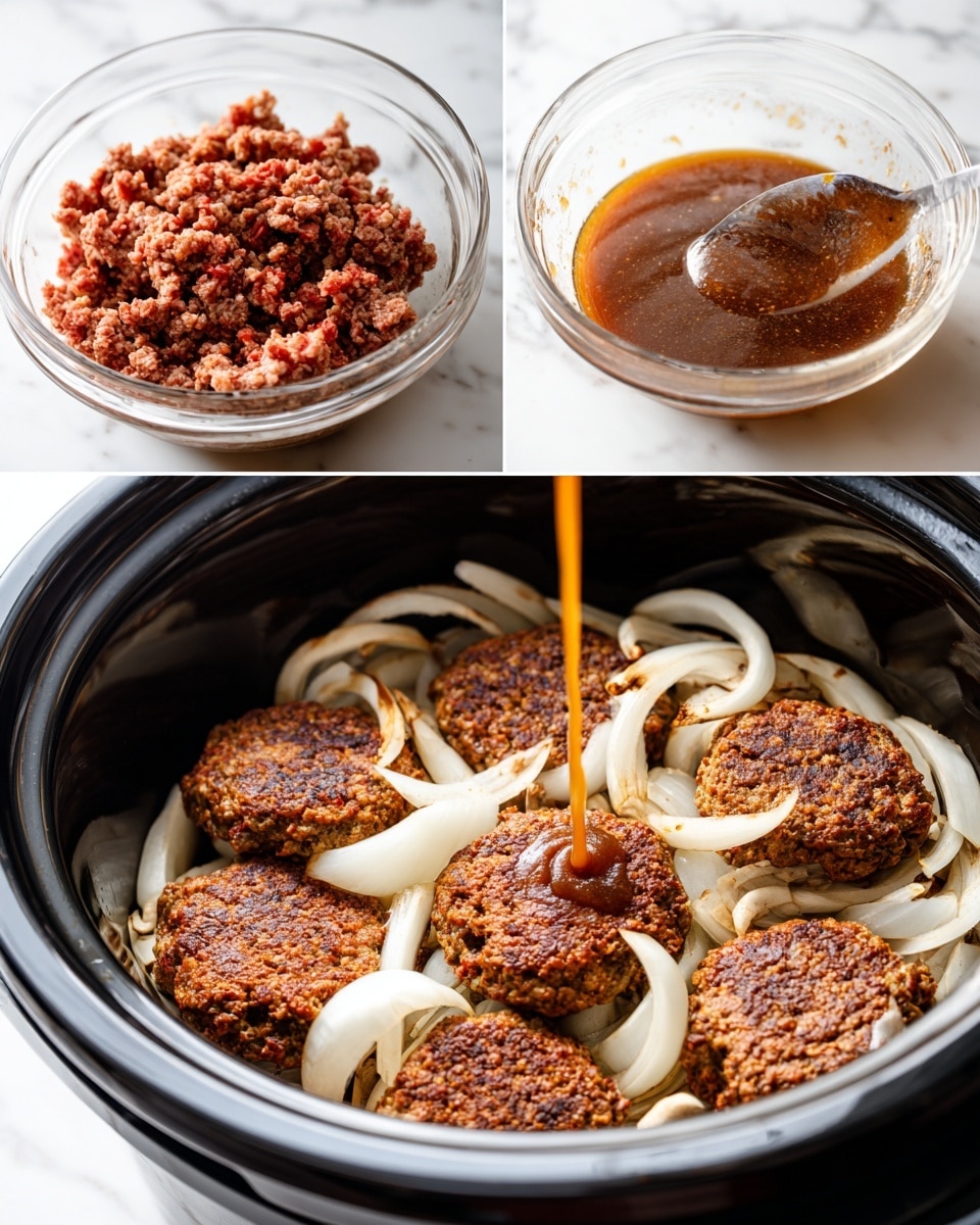 The dish starts with a bottom layer of sliced white onions and brown mushrooms placed inside a black slow cooker. The next layer shows raw ground meat mixed with spices in a clear glass bowl, which is formed into round patties with a browned and slightly crispy outer layer resting back on the sliced onions and mushrooms in the slow cooker. In the final step, a brown sauce is being poured over the browned patties, keeping the white onions visible underneath. The scene is set on a white marbled surface with close, clear lighting. photo taken with an iphone --ar 4:5 --v 7