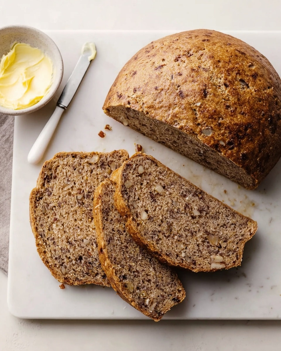A round loaf of brown nut bread sits on a white marble surface, with four slices cut and laid out in front of it. The bread has a dense texture with visible small pieces of nuts inside. To the top left, there is a small white bowl with a pale yellow spread and a white butter knife resting on the surface next to the bread. The whole scene is well-lit with soft natural light. photo taken with an iphone --ar 4:5 --v 7