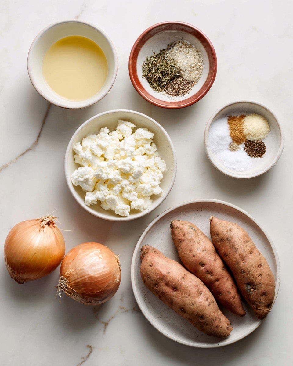 The image shows six white bowls and plates on a white marbled surface. In the top left, a small white bowl holds a pale yellow liquid. To its right, a reddish-brown bowl contains white salt, black pepper, and dried herbs. Below these, a medium white bowl is filled with white crumbly cheese. Next to the cheese bowl, a white plate holds three light brown onions with dry skins. At the bottom, a larger white bowl contains four brown sweet potatoes with rough skins. Photo taken with an iphone --ar 4:5 --v 7