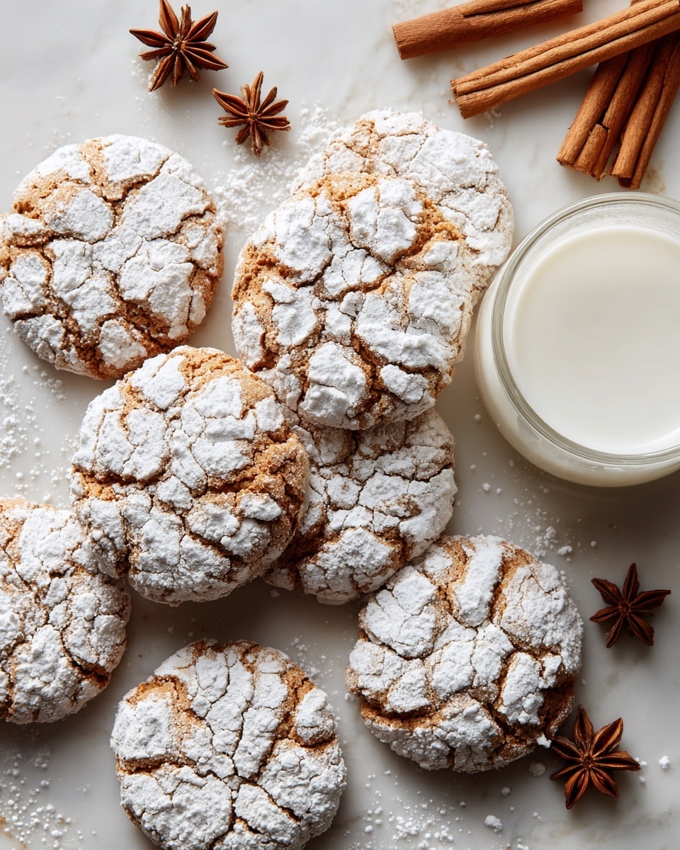 The image shows a group of round cookies, each with a cracked, light brown surface covered in patches of white powdered sugar, creating a rough texture. They are spread out on a white marbled surface, with some cookies overlapping slightly. Among the cookies, there are small brown star-shaped spices placed around for decoration. On the bottom right, part of a white round dish filled with white liquid, likely milk, is visible. A clear glass with rolled brown sticks stands on the left side. The scene gives a cozy and fresh baked feel. Photo taken with an iphone --ar 4:5 --v 7