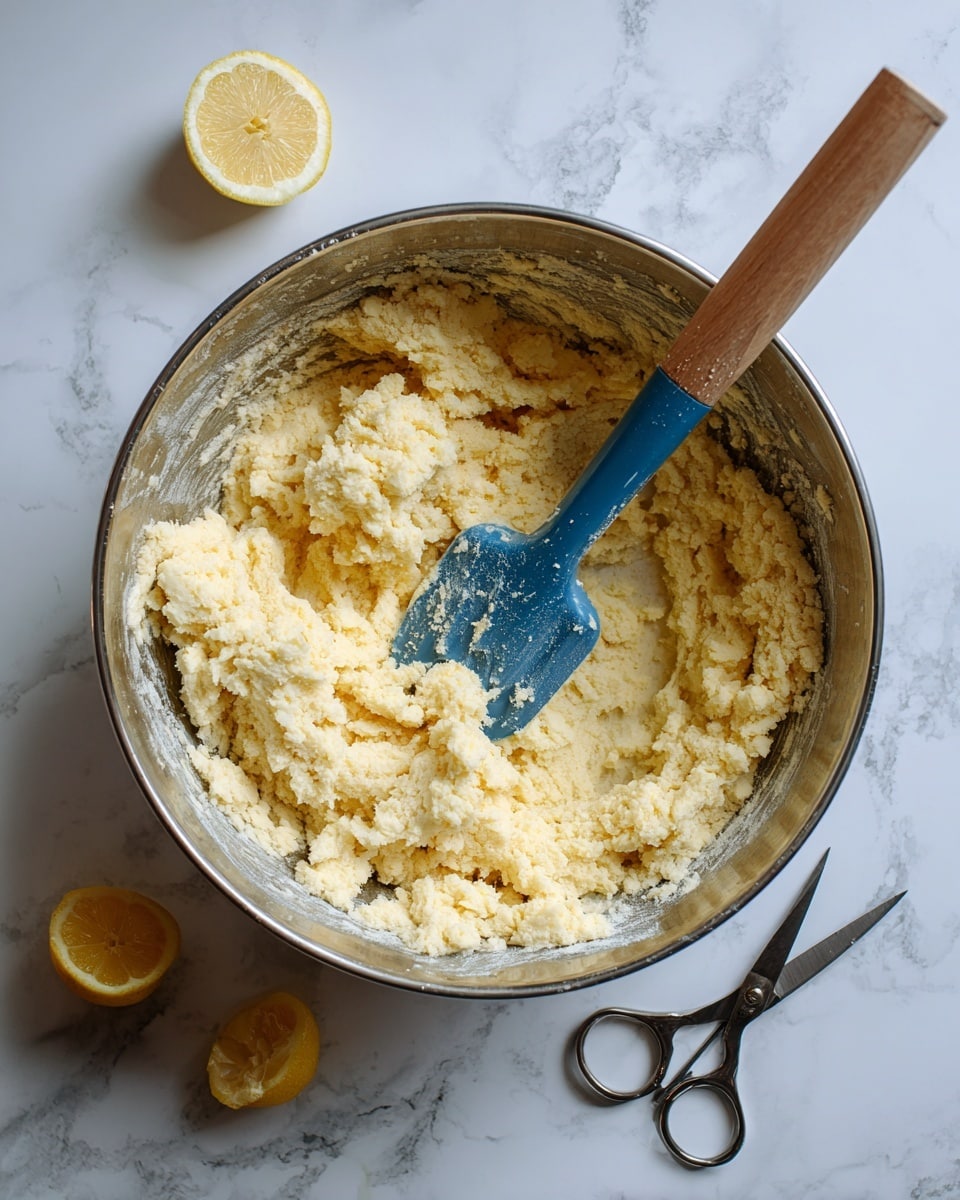 The image shows a shiny metal bowl filled with crumbly, pale yellow dough, with a blue spatula that has a wooden handle resting inside the bowl. The dough is uneven with small clumps and a slightly rough texture. Around the bowl, there are two yellow lemon halves and a pair of scissors on a white marbled surface. photo taken with an iphone --ar 4:5 --v 7