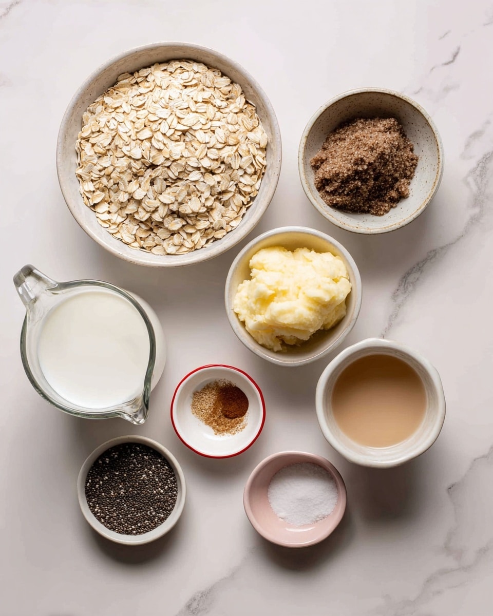 The image shows six small white bowls and a clear glass pitcher arranged on a white marbled surface. The largest bowl, filled with beige rolled oats, is placed toward the bottom left. Above it, a medium white bowl contains dark brown sugar with a crumbly texture. To the right of the oats, there is a small white bowl holding smooth, light yellow mashed banana. Next to the banana, a clear glass pitcher is filled with white milk. Below the banana and pitcher, a small white bowl contains black chia seeds, and next to it, a small white bowl with a half red rim holds white salt and a light brown powdered spice. A small pale pink bowl with light brown liquid is positioned near the center bottom. The items are arranged neatly with spaced gaps, all on a clean white marbled background. photo taken with an iphone --ar 4:5 --v 7