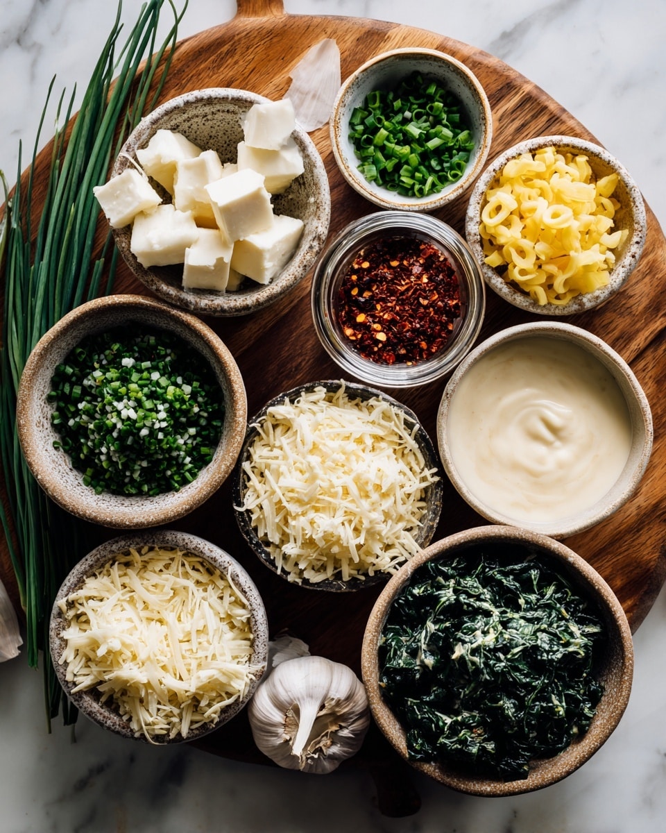 The image shows many small bowls arranged closely on a wooden board on a white marbled surface. The bowls hold different ingredients: one has chopped green chives, another has white block cheese, one contains yellow sliced peppers, and a larger bowl holds dark green cooked spinach. There is also a bowl with shredded white cheese, another with a creamy white sauce, and a beige sauce in one more bowl. In addition, there is a small bowl of crushed red pepper flakes and a tiny jar with minced garlic. A clove of garlic is placed next to these bowls. The colors vary from green, yellow to white with a natural wood and white marbled background. Photo taken with an iphone --ar 4:5 --v 7