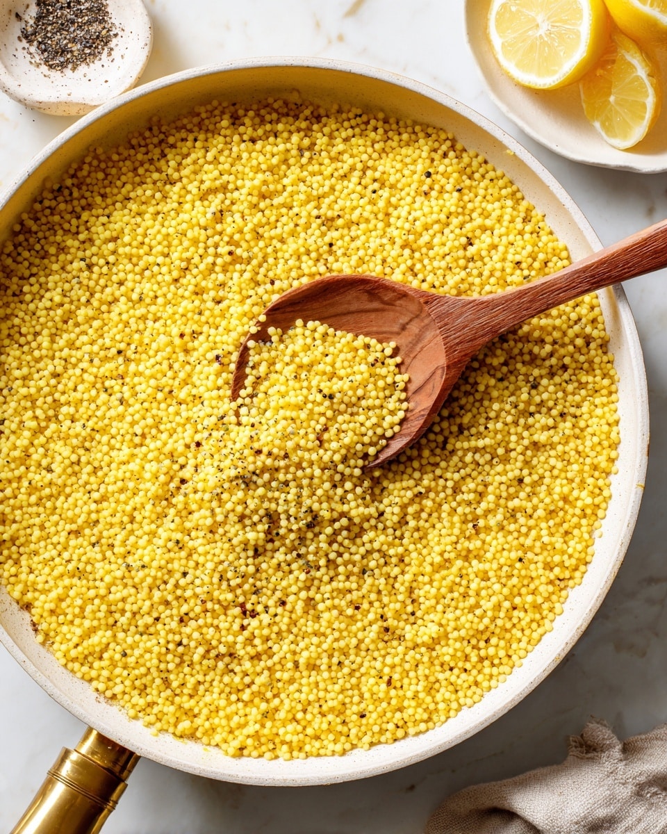A close-up top view of a white pan filled with small yellow round grains of cooked couscous, spread evenly inside. The texture looks soft and slightly glossy with a sprinkle of black pepper across the couscous. A wooden spoon is scooping up a small portion from the middle right of the pan. The edge of the pan has a golden handle visible at the bottom. The pan rests on a white marbled surface with a small white plate containing black pepper and a lemon with slices in the upper right corner. photo taken with an iphone --ar 4:5 --v 7