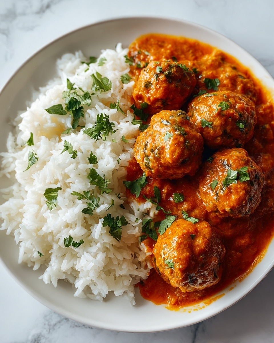 A white plate with two main layers: the left side filled with fluffy white rice showing soft, separate grains, and the right side piled with round orange-red meatballs covered in a smooth, thick sauce that has green herb bits scattered on top, with some fresh green leaves blurred softly in the background on a white marbled surface. Photo taken with an iphone --ar 4:5 --v 7