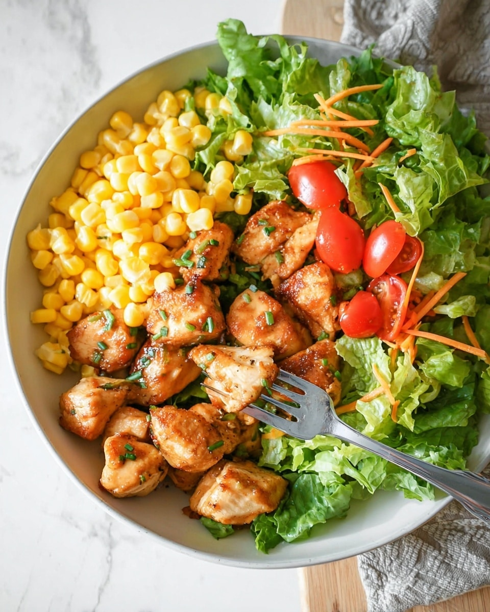 The dish is in a white round plate on a white marbled surface. It has three main layers: bright yellow corn on the left, golden-brown cooked chicken pieces with green herbs on the bottom right, and fresh green lettuce leaves with small red cherry tomato halves and thin orange carrot strips on the top right. A silver fork is resting on the plate, its prongs piercing one chicken piece near the center. The colors are vivid with shiny textures on the chicken, juicy tomatoes, and crisp salad leaves. photo taken with an iphone --ar 4:5 --v 7