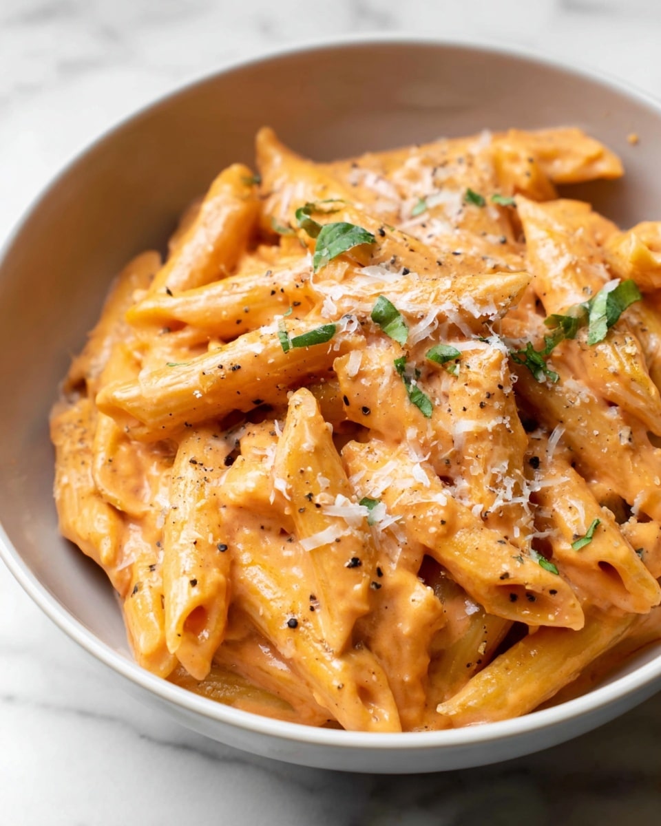 A close-up view of a white bowl filled with creamy penne pasta coated in a smooth orange sauce, garnished with small pieces of green herbs and finely grated white cheese sprinkled on top. The pasta pieces are layered naturally, showing a rich texture of the sauce that clings to the penne, with slight shine on the sauce and bits of black pepper mixed in. The bowl sits on a white marbled surface. photo taken with an iphone --ar 4:5 --v 7