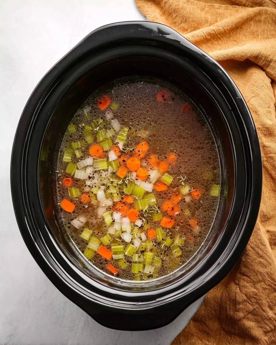 The image shows a black slow cooker filled with a broth-based soup. Inside, there are visible chunks of light green celery scattered evenly on the top layer, small orange carrot pieces, and diced white onions. The broth looks clear and light brown with some black pepper sprinkled throughout. The slow cooker is placed on a white marbled surface with a mustard-colored cloth nearby. photo taken with an iphone --ar 4:5 --v 7
