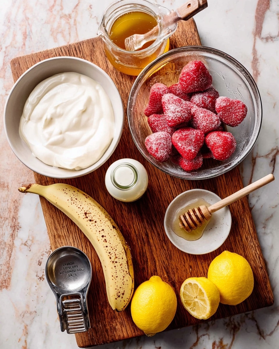 A wooden board is placed on a white marbled surface with various ingredients arranged on and around it. On the board, there is a clear glass bowl filled with whole and halved frozen strawberries showing a bright red color with frost. Next to the strawberries, there is a small glass bottle filled with cream or milk, light cream in color. A frozen banana with brown spots and frosted skin lies diagonally across the board. To the left of the board, on the surface, there is a white bowl filled with thick white yogurt or cream with a metal measuring cup partly submerged. A small glass jar of golden honey with a wooden honey dipper inside is positioned next to the bowl. On the right lower side on the surface, there are two whole bright yellow lemons, one partially squeezed and placed in a vintage silver lemon press with juice marks. Photo taken with an iphone --ar 4:5 --v 7