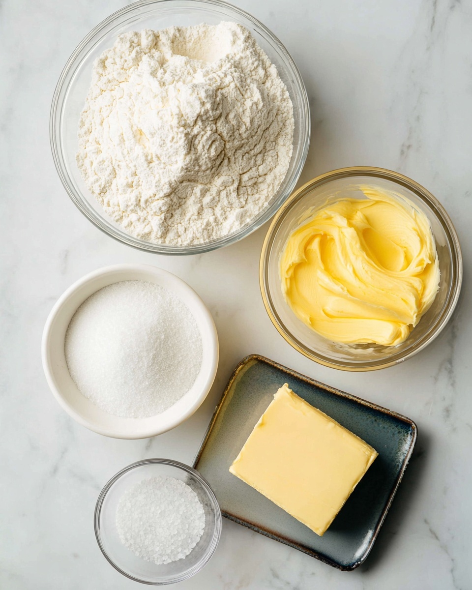 A clear glass bowl filled with white flour sits at the top center of the image, showing clumps for texture. To the right, a smaller clear bowl holds bright yellow creamy margarine. Below the flour bowl is a white bowl filled with fine white sugar. A rectangular block of pale light yellow butter rests on a small dark tray to the lower right. In front of the butter, a tiny clear glass bowl contains coarse white salt. All items are arranged on a white marbled surface. Photo taken with an iphone --ar 4:5 --v 7