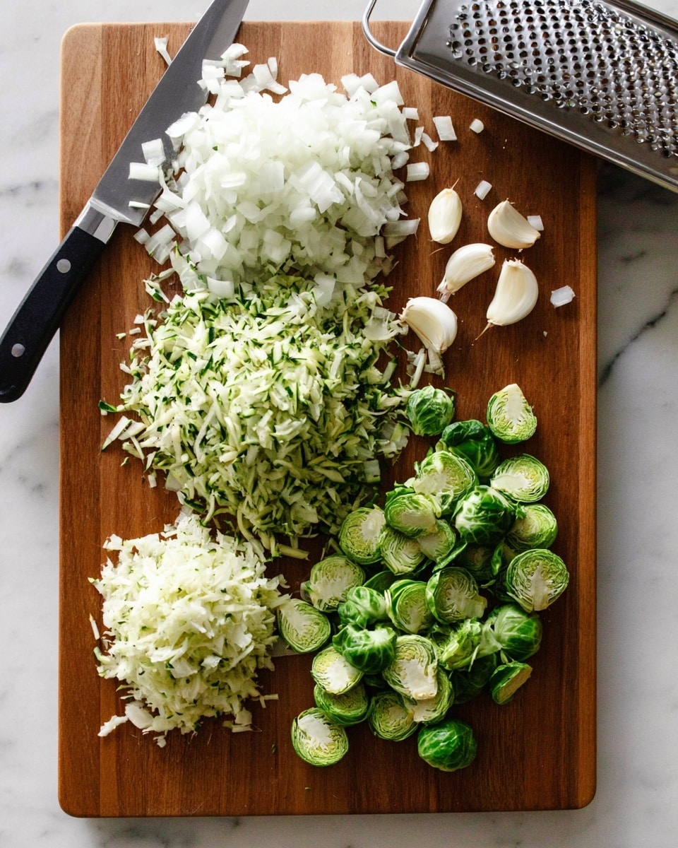 A wooden cutting board is shown on a white marbled surface, with chopped ingredients spread across it in separate piles. On the left side, there is a pile of finely chopped white onion next to a black-handled knife. In the middle, there is a mound of grated pale green zucchini. To the right, a bunch of thinly sliced green Brussels sprouts is arranged in loose layers. Near the top right corner, three garlic cloves, one whole and two peeled, sit next to the vegetables. A metal grater leans on the board near the grated zucchini. The colors are fresh and natural with white, light green, and green hues. photo taken with an iphone --ar 4:5 --v 7