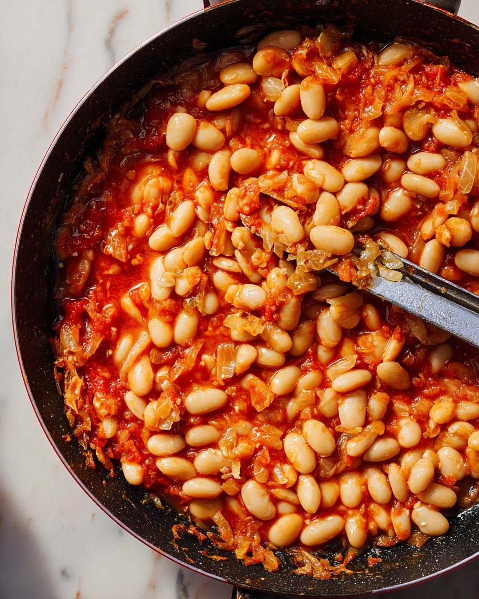 A close-up of a black pan filled with cooked white beans in a thick red sauce mixed with browned onions around the edges, and some small pieces of light-colored food mixed in; a silver metal masher is placed inside the beans slightly mashing some of them, all set on a white marbled surface photo taken with an iphone --ar 4:5 --v 7