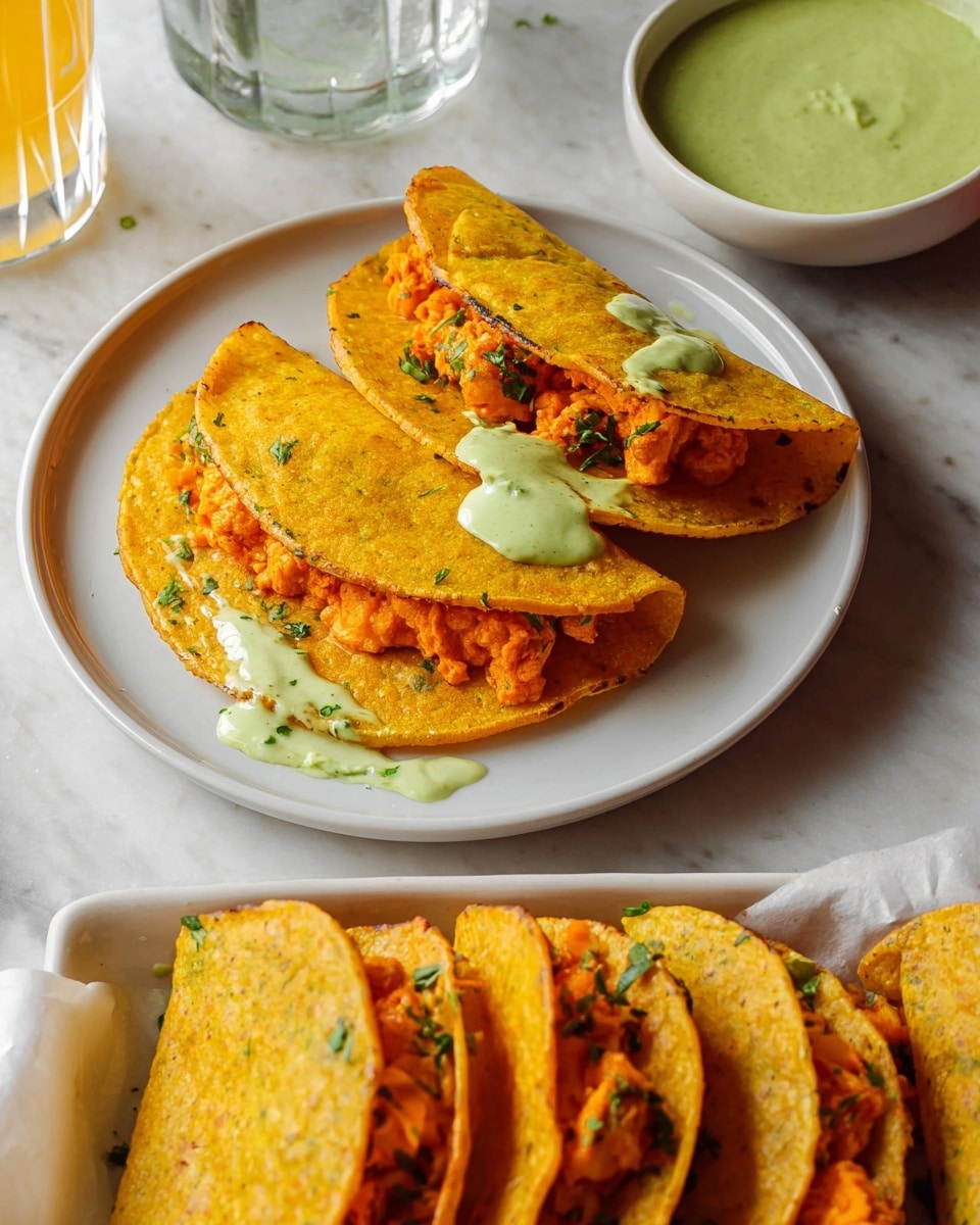 The image shows two golden yellow folded tacos on a white round plate, with a creamy light green sauce on the side of one taco. Inside the tacos, the filling is orange and chunky, visible at the edges. Below the plate, there are more tacos stacked on a white rectangular dish lined with white parchment paper, with bits of green herbs sprinkled on top. The background is a white marbled surface with some glassware and a small white bowl filled with more green sauce in the top right corner. Photo taken with an iphone --ar 4:5 --v 7
