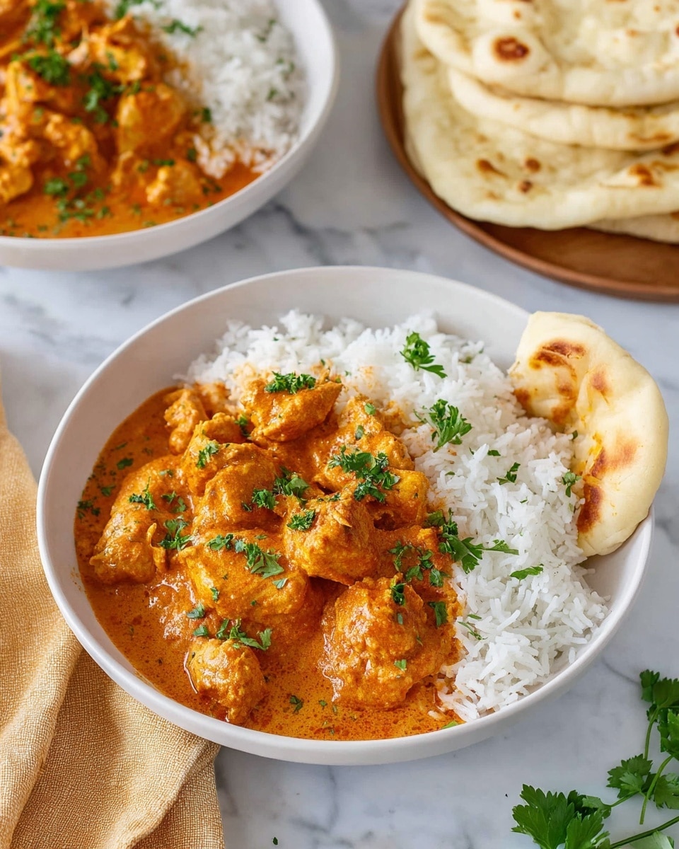 A white bowl filled with a layer of white rice topped with orange creamy chicken curry pieces, garnished with small green parsley leaves. On the right side of the bowl, there is a piece of light brown naan bread resting partially on the rice and curry. In the background, another white bowl shows a similar serving of rice and curry, and a stack of light brown naan bread sits beside it on a white marbled surface. Some fresh green parsley leaves lie scattered in the bottom right corner. photo taken with an iphone --ar 4:5 --v 7