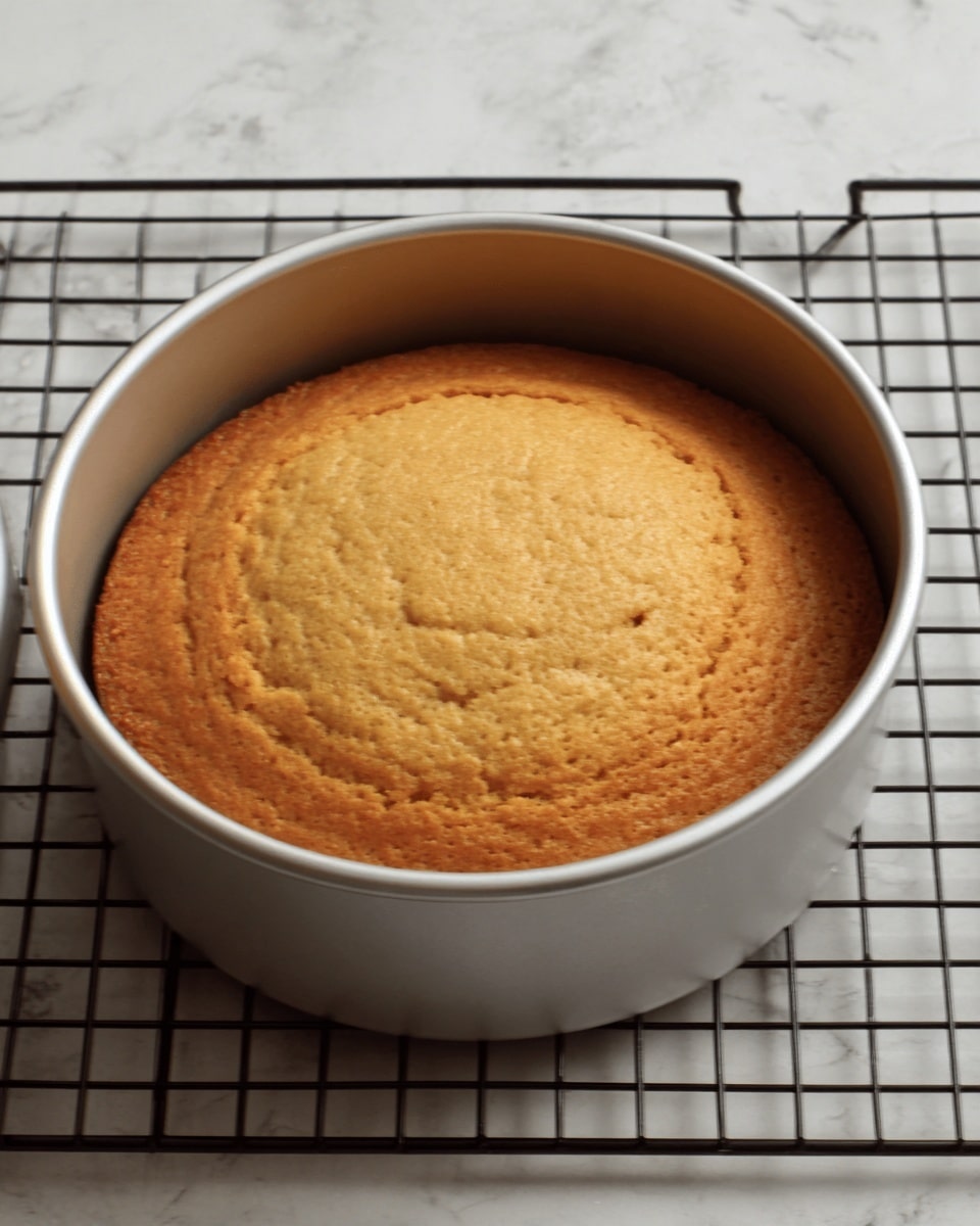 A round, single-layer cake with a light brown top sits inside a silver metal pan. The cake surface is smooth with a few small cracks and a slightly textured look. The pan rests on a black wire cooling rack, which is placed on a white marbled tabletop. The lighting is soft and natural, highlighting the warm tone of the cake. photo taken with an iphone --ar 4:5 --v 7